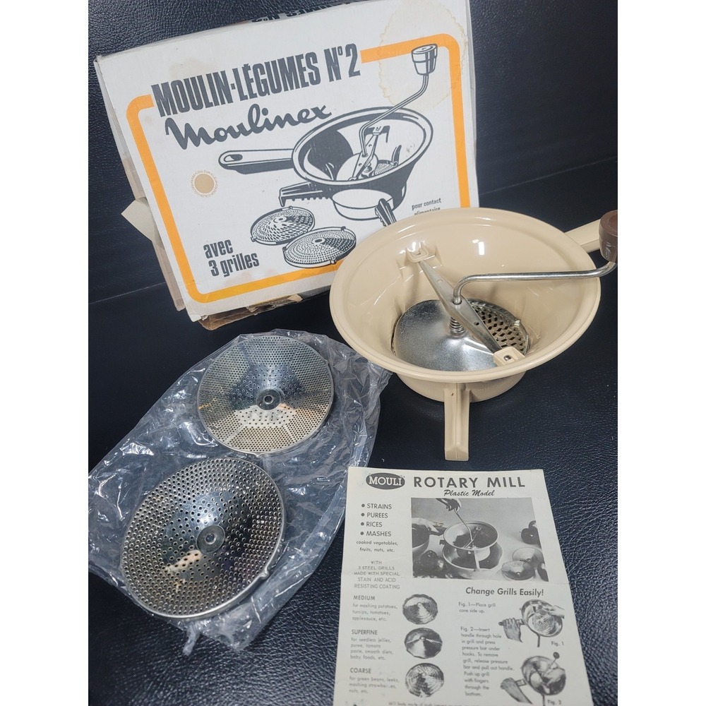 Vtg Moulinex Légume Food Mill Orange Plastic 3 Discs 448 Box Instructions 1976